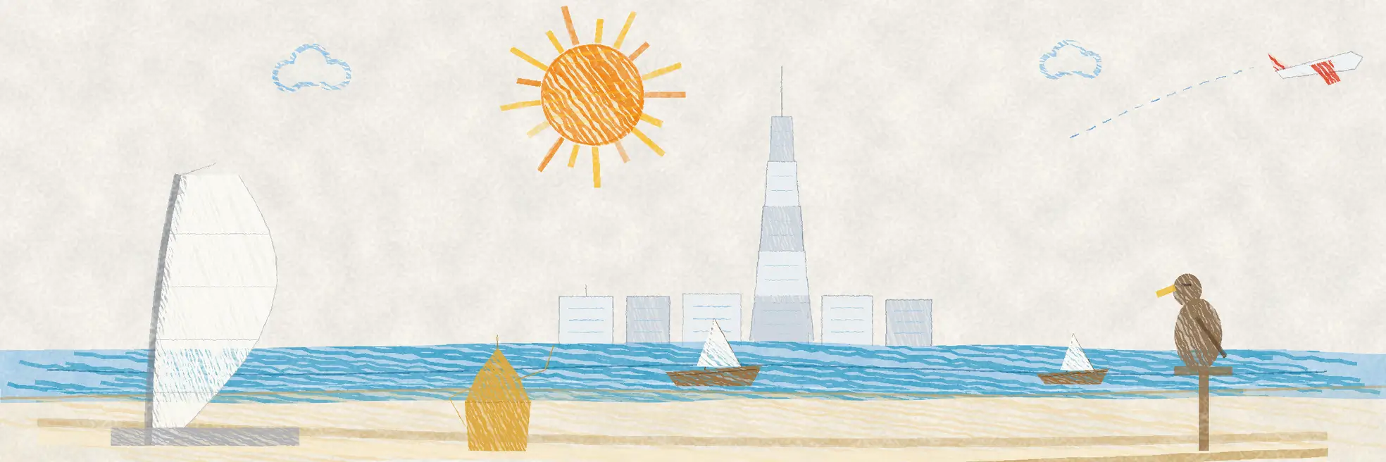 Illustrated United Arab Emirates scene with a sail-shaped tower on the shore, a tapering skyscraper above the city skyline, dhows on the water and a falcon on a perch